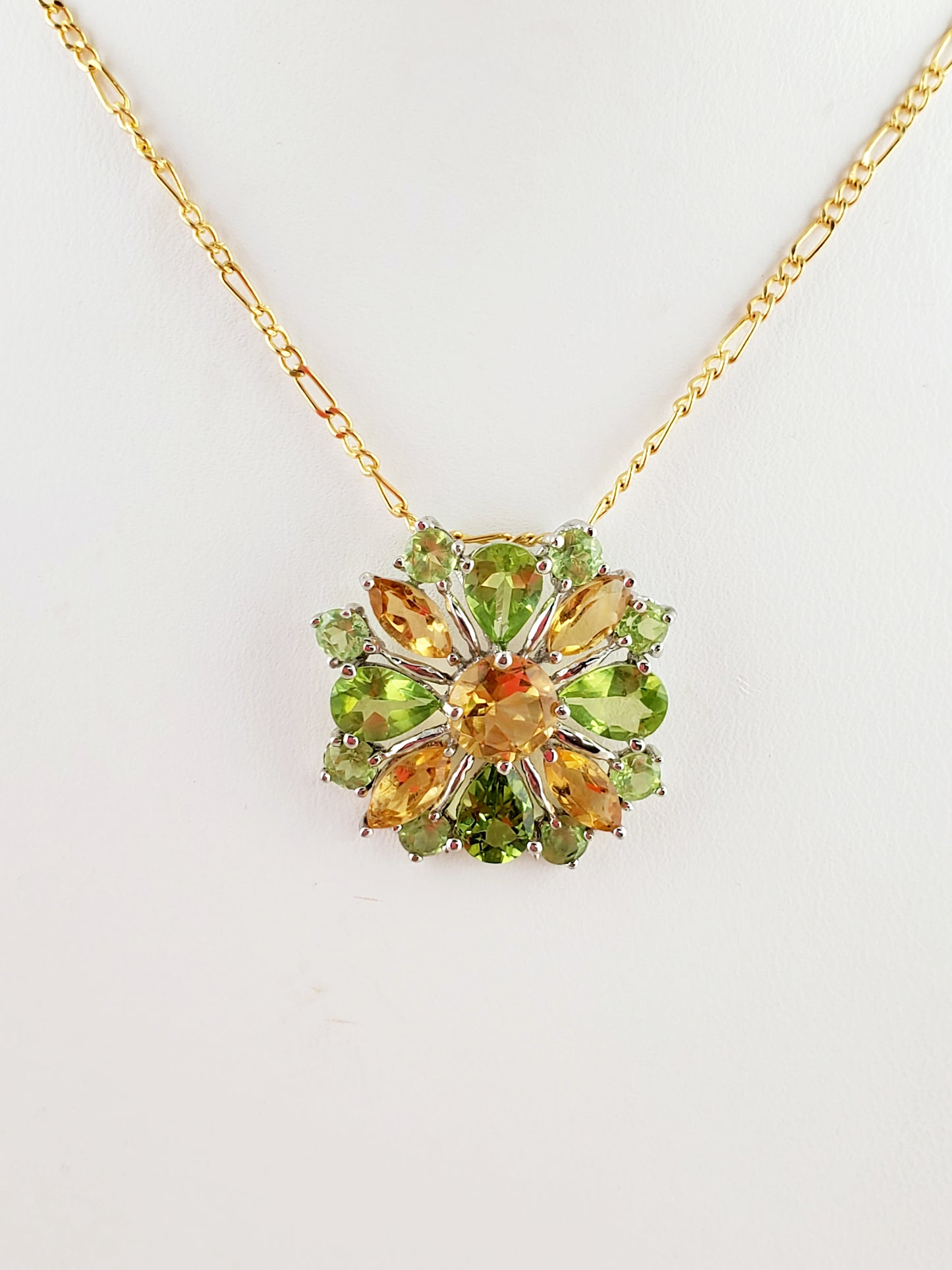 Multi- Flower Citrine & Lime Quartz Necklace 10Kt Gold