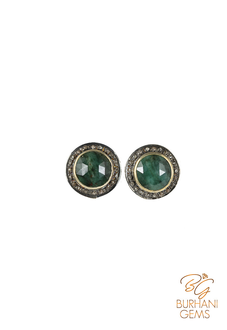NATURAL EMERALD STUD VICTORIAN EARRINGS WITH ROSE CUT DIAMONDS