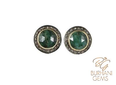 NATURAL EMERALD STUD VICTORIAN EARRINGS WITH ROSE CUT DIAMONDS