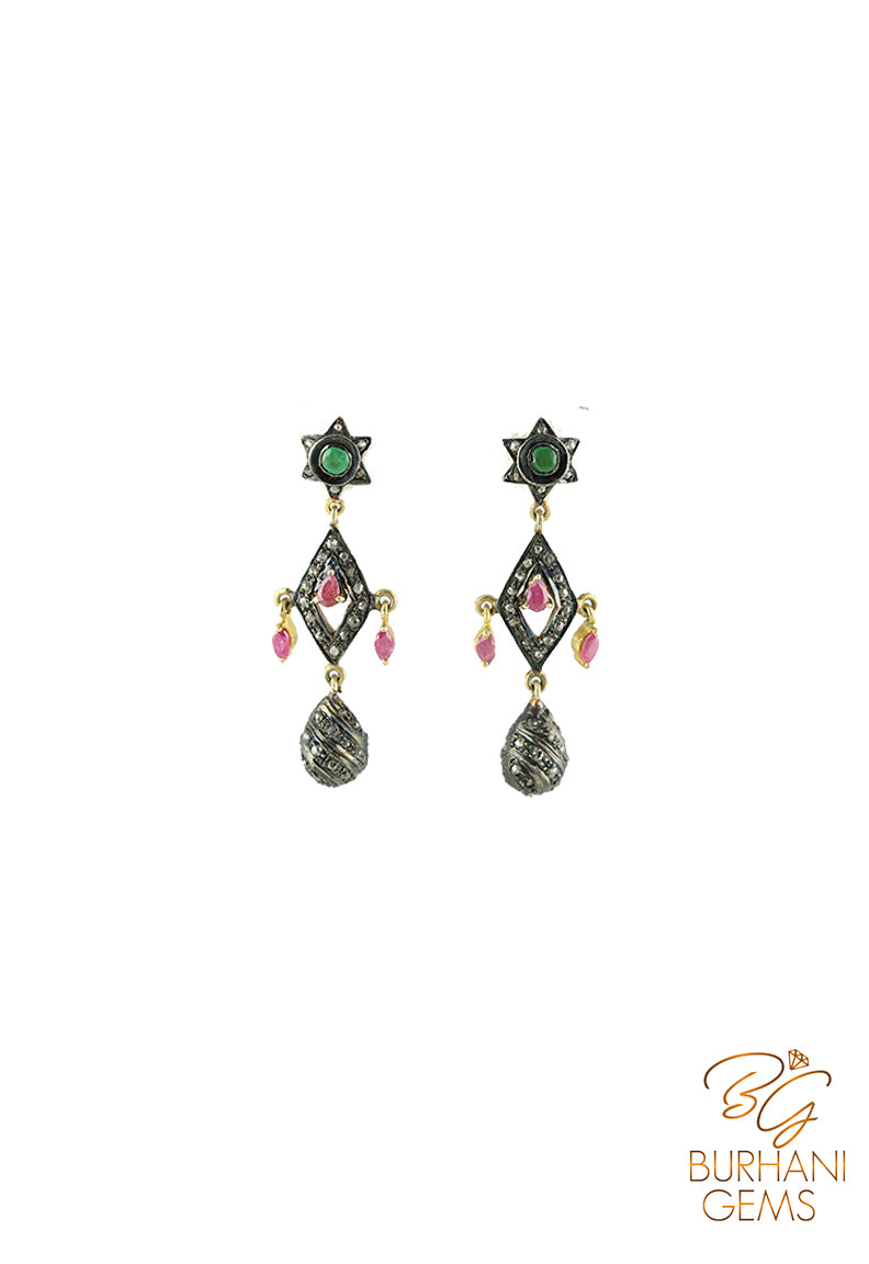 STAR RUBY EMERALD ROSECUT DIAMOND EARRINGS