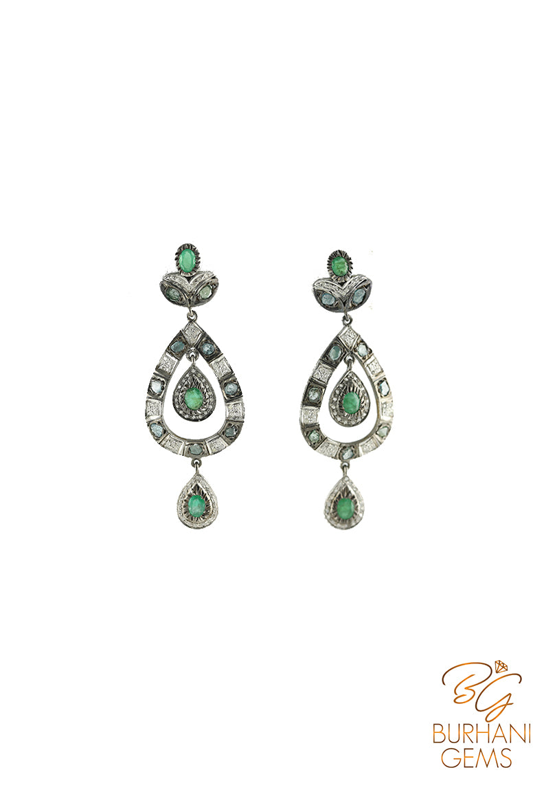 EXCLUSIVE EMERALD DROPPED SHAPED ROSECUT DIAMOND EARRINGS
