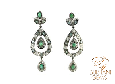 EXCLUSIVE EMERALD DROPPED SHAPED ROSECUT DIAMOND EARRINGS