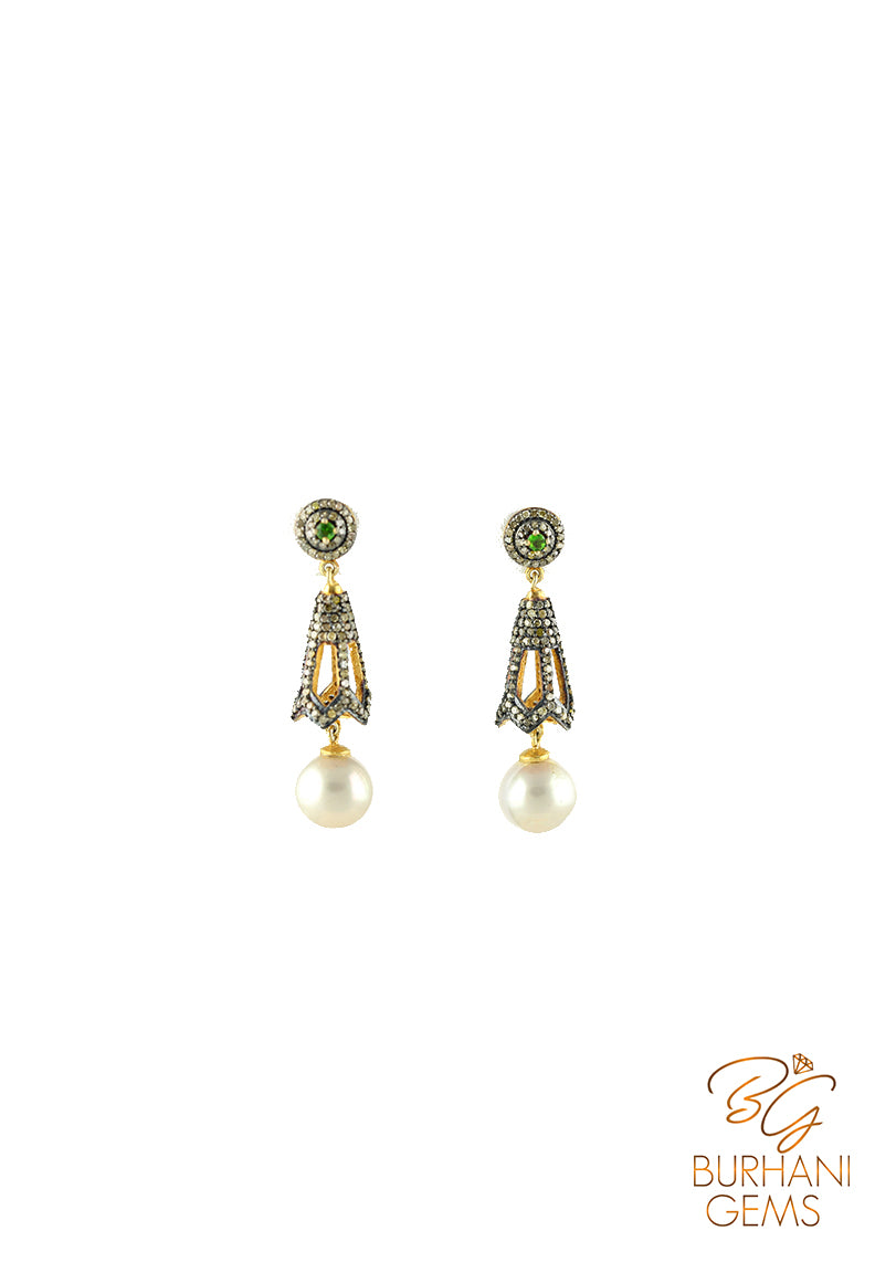 ROYAL ROSECUT DIAMOND EARRINGS WITH PEARL HANGINGS
