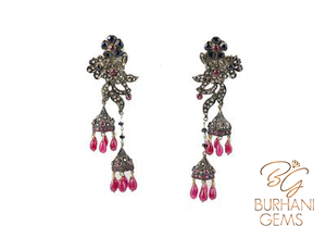 ANTIQUE GOLD AND SILVER RUBY SAPPHIRE EARRINGS