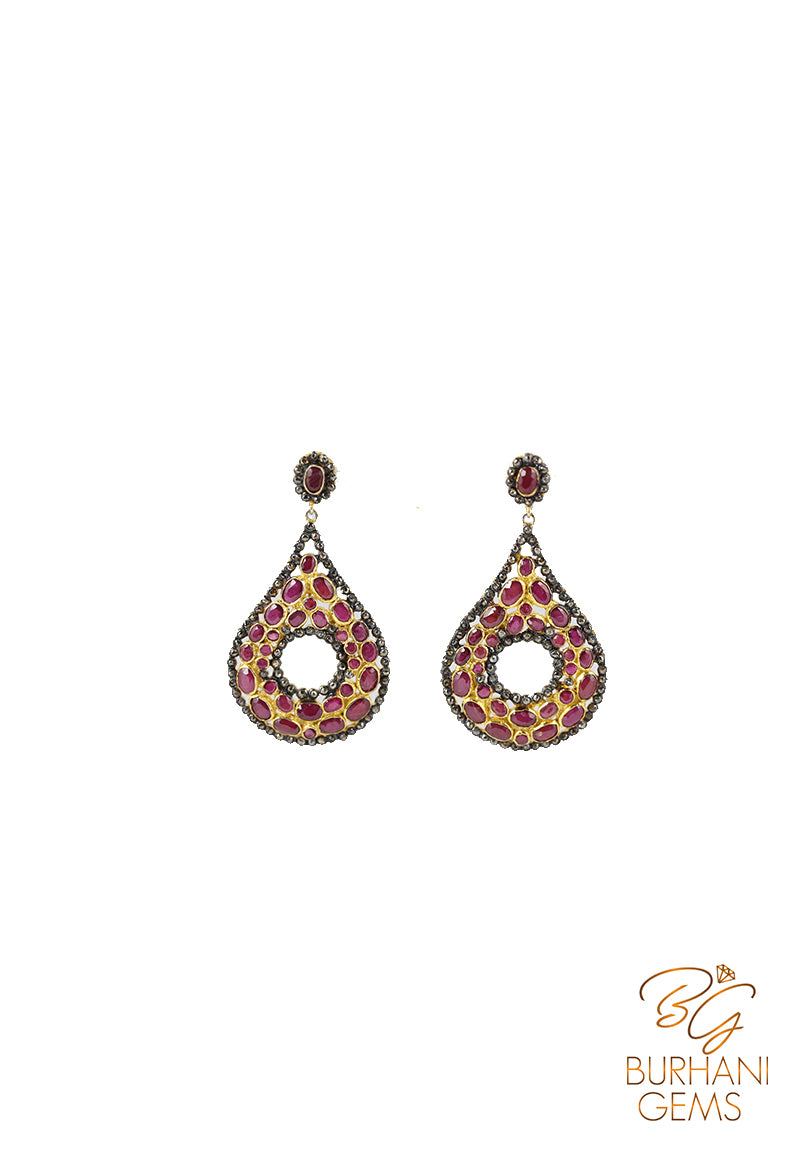 DROP RUBY AND ROSE CUT DIAMOND GOLD PLATED EARRINGS