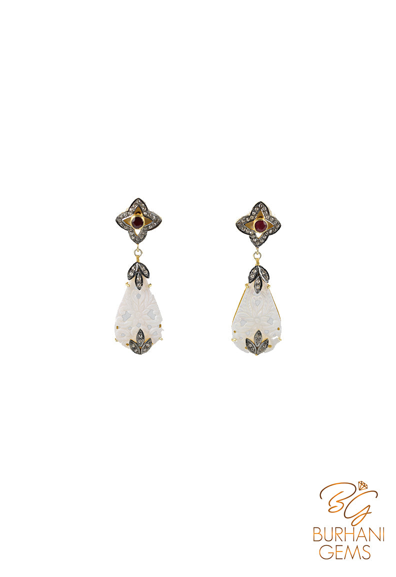 MOTHER OF PEARL DROP RUBY ROSE-CUT DIAMOND EARRINGS