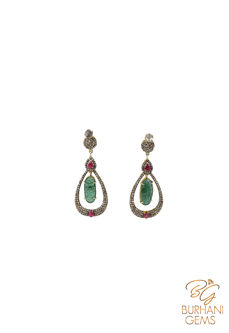 RUBY AND EMERALD DROP SHAPED ROSECUT DIAMOND EARRINGS