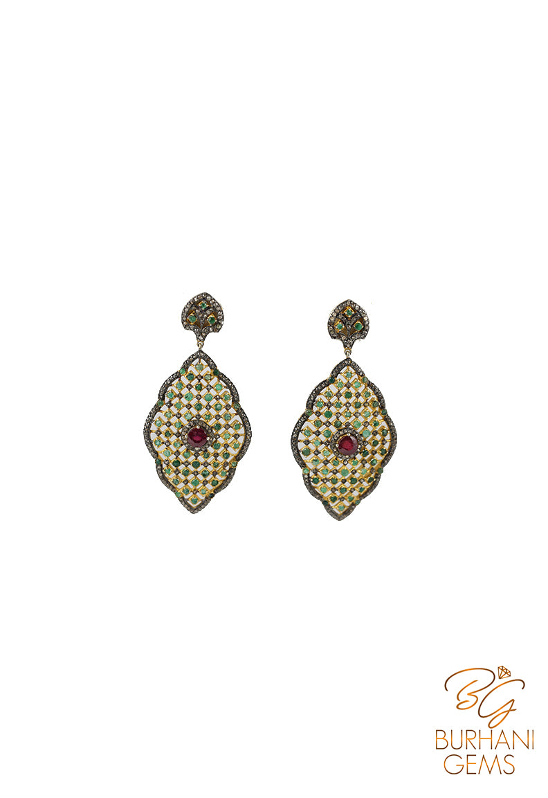 VICTORIAN RUBY AND EMERALD ROSECUT DIAMOND EARRINGS