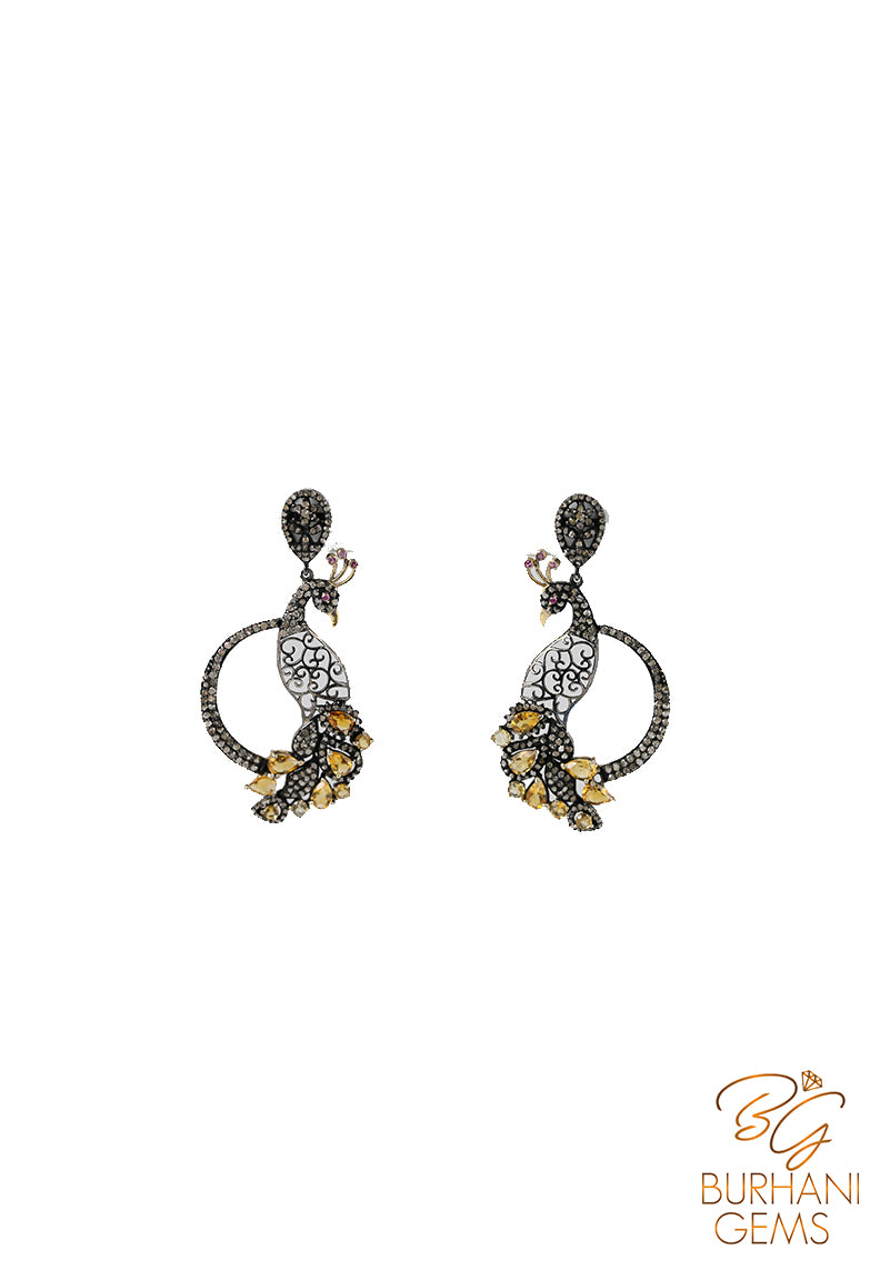 PEACOCK CITRINE ROSECUT DIAMOND EARRINGS