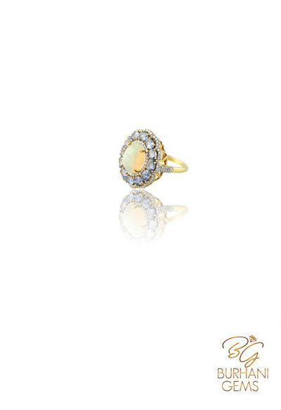 NATURAL OPAL SAPPHIRE RING WITH ROSE-CUT DIAMONDS