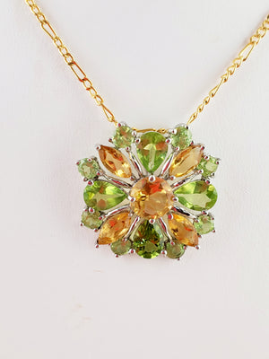 Multi- Flower Citrine & Lime Quartz Necklace 10Kt Gold