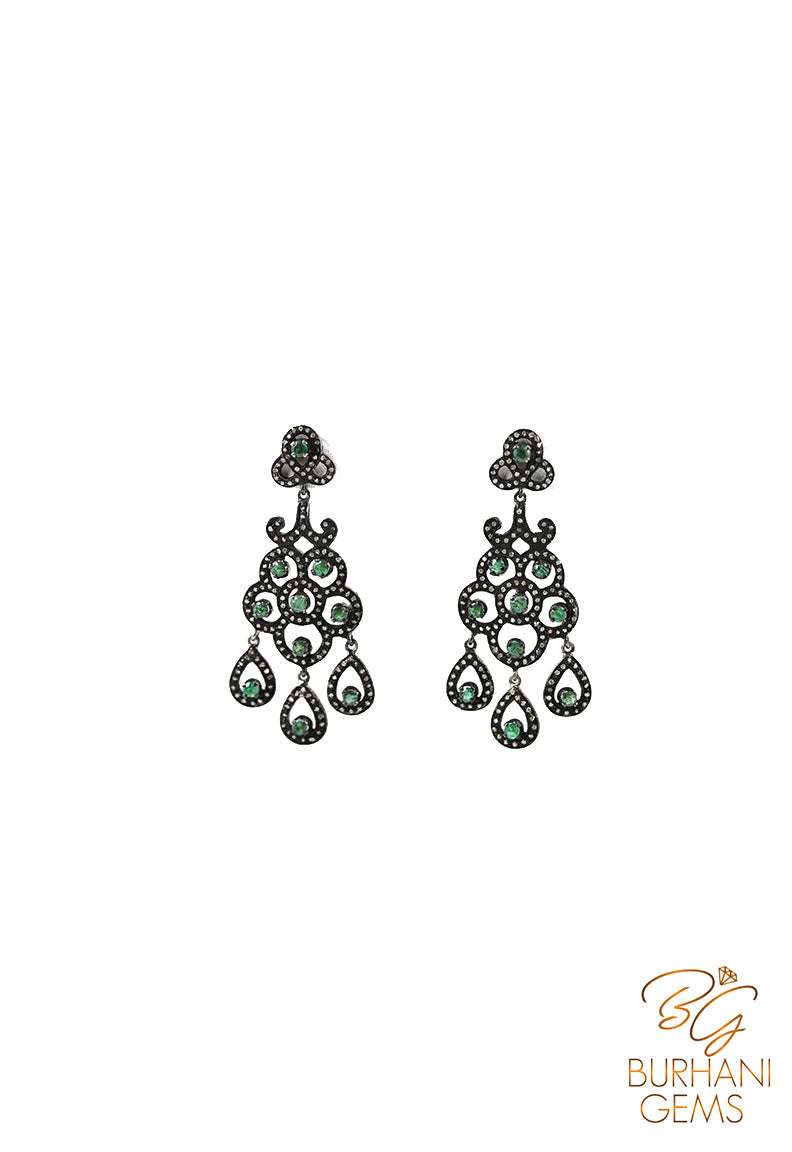 FLORAL EMERALD JEWELLED ROSE CUT DIAMOND EARRINGS