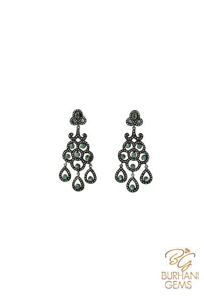 FLORAL EMERALD JEWELLED ROSE CUT DIAMOND EARRINGS