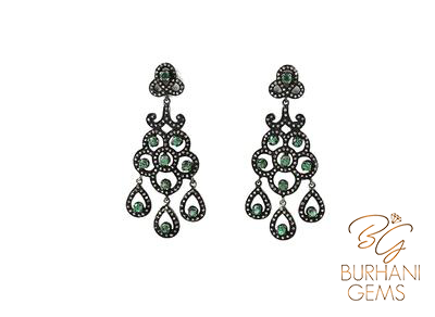 FLORAL EMERALD JEWELLED ROSE CUT DIAMOND EARRINGS