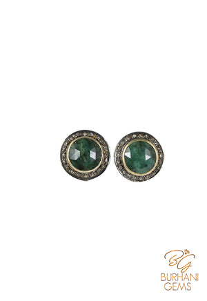 NATURAL EMERALD STUD VICTORIAN EARRINGS WITH ROSE CUT DIAMONDS