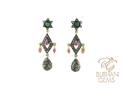 STAR RUBY EMERALD ROSECUT DIAMOND EARRINGS