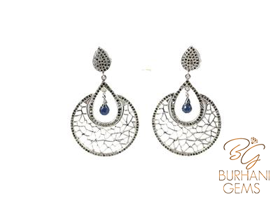 SILVER SAPPHIRE ROSE CUT DIAMOND EARRINGS