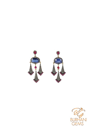VICTORIAN DESIGNER RUBY AND SAPPHIRE ROSE CUT DIAMOND EARRINGS