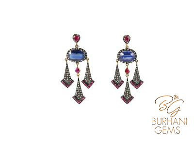 VICTORIAN DESIGNER RUBY AND SAPPHIRE ROSE CUT DIAMOND EARRINGS