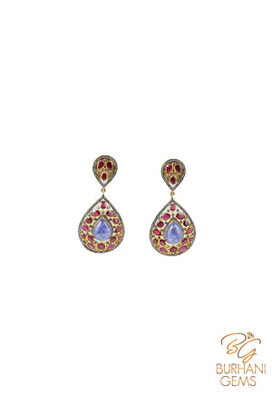 DROP VIOLET TANZANITE AND RUBY EARRINGS WITH ROSE CUT DIAMONDS