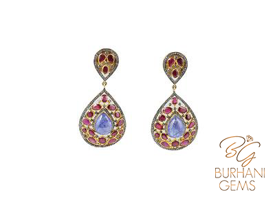 DROP VIOLET TANZANITE AND RUBY EARRINGS WITH ROSE CUT DIAMONDS
