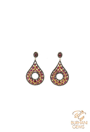 DROP RUBY AND ROSE CUT DIAMOND GOLD PLATED EARRINGS