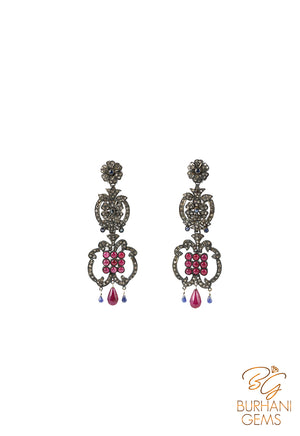 EXCLUSIVE VICTORIAN RUBY, SAPPHIRE AND ROSECUT DIAMOND EARRINGS