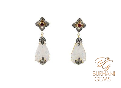 MOTHER OF PEARL DROP RUBY ROSE-CUT DIAMOND EARRINGS