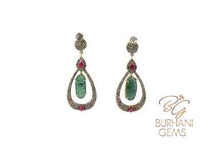 RUBY AND EMERALD DROP SHAPED ROSECUT DIAMOND EARRINGS